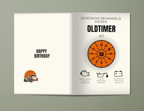 WBdesignz Geburtstagskarte „Oldtimer - 50 Jahre“ mit Umschlag - Lustige TÜV-Plaketten-Optik in Orange & Schwarz - Humorvolle Glückwunschkarte für Männer zum 50. Geburtstag (DIN A6)