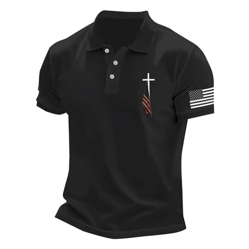 Christian Polo Shirts for Men Jesus Faith Cross American Flag Patriotic Golf T-Shirts 4th of July USA Flags Tee Tops