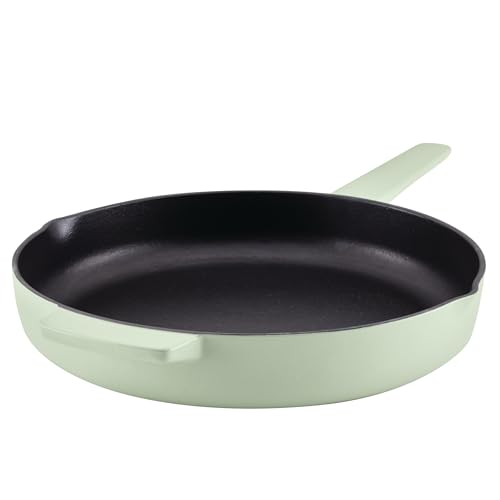 Image of KitchenAid Enameled Cast Iron Frying Pan /Skillet with Helper Handle and Pour Spouts, 12 Inch, Pistachio
