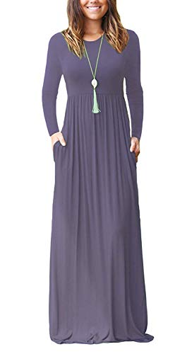 VIISHOW Women's Long Sleeve Solid Pockets Plus Maxi Long Dress with Elastic Waistband(Purple Gray,Medium)
