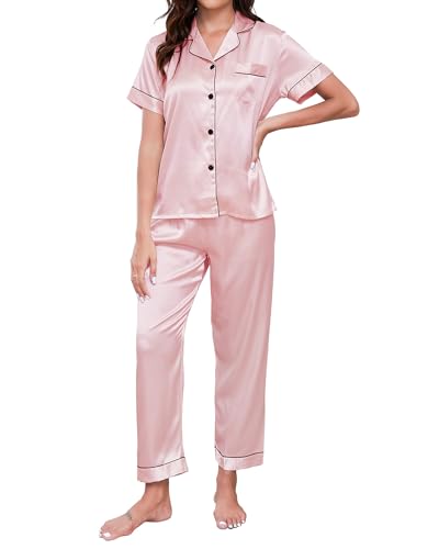 Reviews de Pijamas de una pieza para Mujer . 39 GAESHOW Pijama Seda Mujer Conjunto de Pijama Satin Mujer Botones Mangas Cortas y Pantalones Ropa de Dormir Dos Piezas
