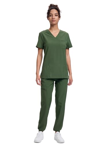 floralhue Scrubs for Women, V-Neck Scrubs Top & Cargo Pants with 10 Pockets, Army Green, L - Thumbnail 6