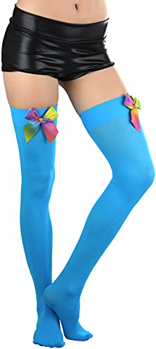 Image of ToBeInStyle Women's Opaque Long Thigh High Stockings w /Decorative Front Satin Bow