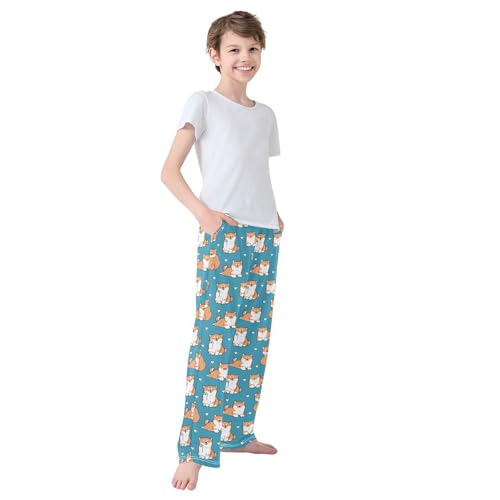 CaTaKu Boys Cute Shiba Inu Dog Pants for Boys Girls Wide Leg Sweatpants Kids Long Bottoms with Pockets Size 6-14Y3