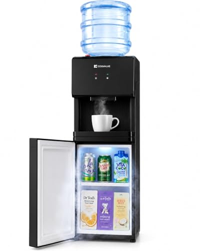 COSVALVE Water Cooler Dispenser, 5 Gallon Top Loading Hot/Cold Water Cooler, Compression Refrigeration w/Freezer Cabinet, Child Safety Lock for Home Office, Apartment, Dorm