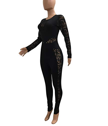 Ophestin Womens Sexy Lace Jumpsuit See Through Mesh Long Sleeve Romper Clubwear Black Size XL