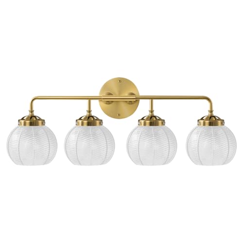 Image of 4-Light Brushed Gold Clear Glass Globe Wall Sconce, 27.2-inch | Gold Vanity Lights, 5.9 inch Clear Glass Shade, E26 Base, Living Room, Bedroom, Bathroom, Renters, Indoor Lighting, Wall Lamps