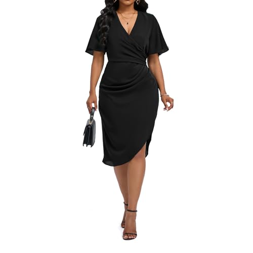 Women's Short Sleeved Wrap V Neck Ruched Dress Side Zipper Elastic Waist Dresses for Summer Work Formal Cocktail