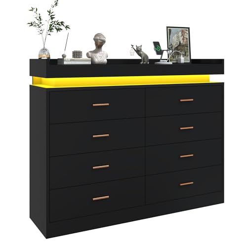 Image of jiteentarou 8 Drawer Dresser with Charging Station and LED Lights, Modern Chest of Drawers with Power Outlet, Organizer Cabinet for Bedroom, Living Room, Black