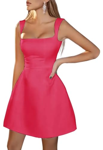 Image of Spaghetti Straps Short Homecoming Dresses Sqaure Neck Satin Mini Cocktail Dress Wedding Party Gowns