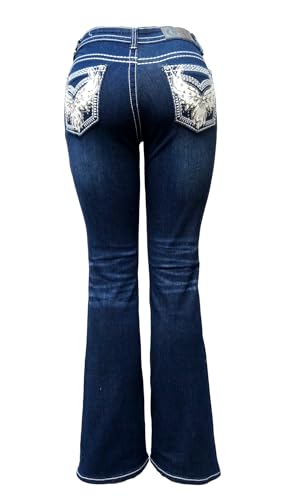 Jack David H&Y U-Cute Rose 2 Rhinestone Studded Denim Bootcut Flap Pocket Jeans