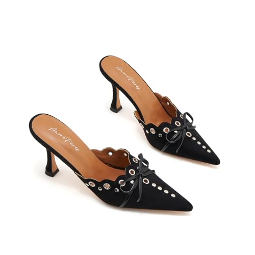Image of Kitten Heel Mules for Women Bow Tie Suede Stiletto Heels Mule Pointed Toe Studs Slide Heeled Sandal Pumps for Wedding Dress Party