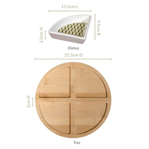 Image of Nestasia Ceramic Serving Platter Set | 4 Small Sectioned Plates with 1 Circular Wooden Tray | 100% Food Safe Serving Tray Set - Perfect for Serving Sweets, Dips, Dry Fruits & Snacks (Green & White)