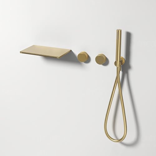 XJTNLB Grifo de Bañera con Cascada Grifo Mezclador Empotrado para Ducha Oro Cepillado Griferia Baño Cobre con Caño para Llenar la Bañera