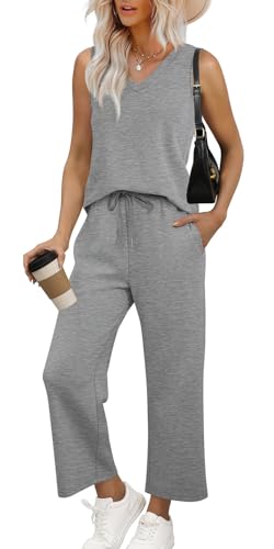 WIHOLL Two Piece Set for Women Summer Outfits Vacation Trendy Lounge Sets V Neck Matching Sets