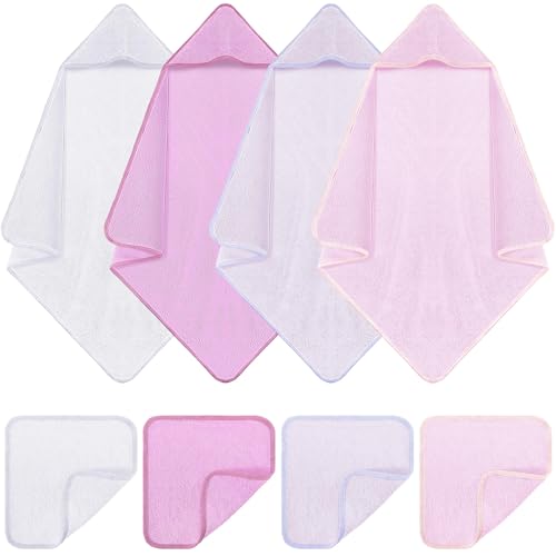 Image of CroBlissful 8 Pcs Muslin Baby Hooded Cotton Towels and Washcloths Sets Cotton Newborn Bath Towel Infant Baby Blankets Absorbent Unisex Newborn Registry Gift for Girls Boys(Purple Series)