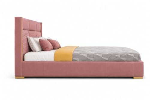 Image of Royal Modern Upholstered Queen Size Bed with Hydraulic Storage for Bedroom | Wooden Double Beds for Home & Hotels | Platform Cot Bed with Upholstery Fabric, 6.5 x 5 Ft | Sheesham, Onion Pink