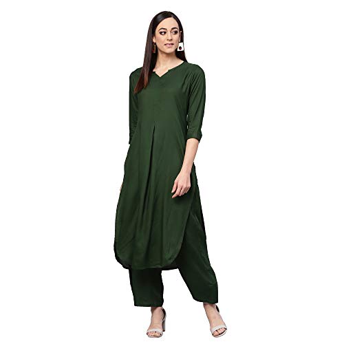 Image of idaLia Rayon Solid Straight Brown Kurta Set for Women with Palazzo 3 /4 Sleeve, Round V Neck Designer Kurta with Palazzo Pant Set