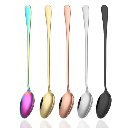 5 Pcs Long Handled Latte Spoons Set – 7.68 inch Stainless Steel Long Teaspoons – Stirring Spoons for Coffee, Espresso, Ice Cream Sundae Dessert (Silver, Gold, Rose Gold, Rainbow, Black)