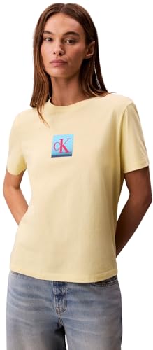 Calvin Klein Women’s Short Sleeve Classic Boxed Monogram T-Shirt with Logo, Yellow (Chartreuse Melon), XL
