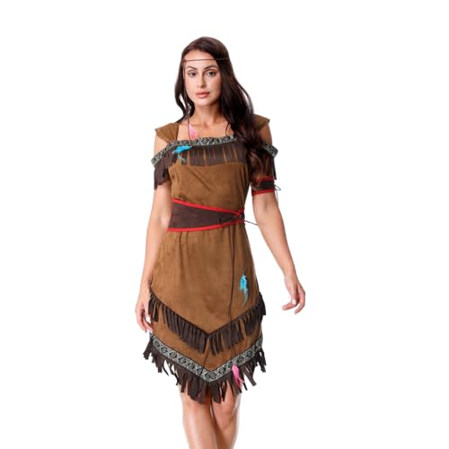 LMYOVE Women Native American Costume, Adult Native American Indian Princess Dress with Feather Headband, Halloween Thanksgiving Cosplay Dress up, L