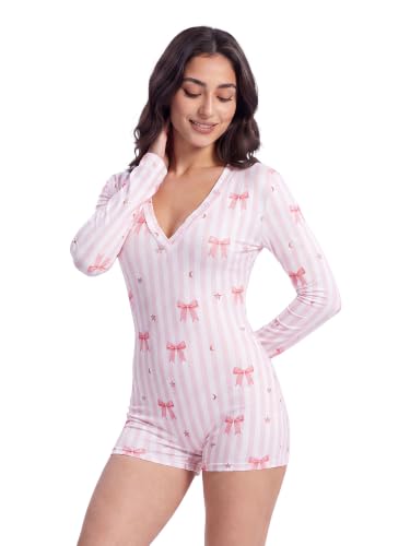 Image of Women Christmas Shorts Romper Print Long Sleeve Deep V Neck Fitted Jumpsuit