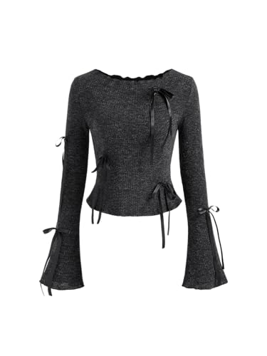 CIDER Boat Neck Bowknot Long Sleeve Top: Black, S