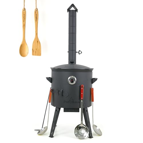 Utschak Feuerofen mit Thermometer Gusseisen Topf Kazan runder Boden mit Deckel (12 L) 2 Schaumlöffel 48 cm Schöpfkelle 48 cm Löffel und Spatel 35 cm, Учаг, Camping, Kasan, Dutch Oven (Set 5)