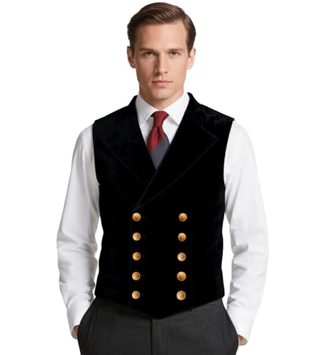 MllesReve Mens Velvet Suit Vest Retro Lapel Double Breasted Tuxedo Vests Victorian Formal Waistcoat