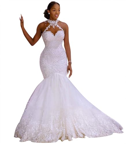 BONOYUER Mermaid Wedding Dresses for Bride Lace Appliques Tulle Halter Long Bridal Gown with Train