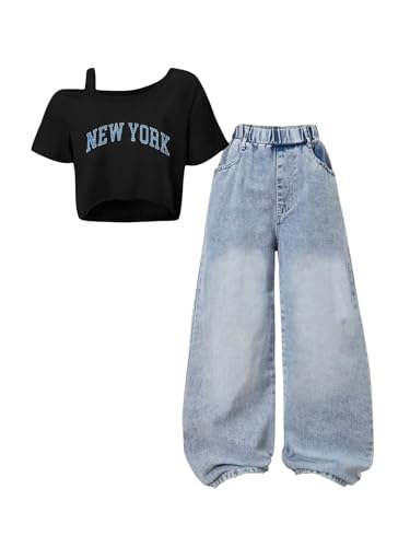OYOANGLE Girls Cute Clothes Y2K Letter Print Tops and Denim Loose Pants Jeans 2 Pieces Summer Outfit Set Blue and Black 12 Years