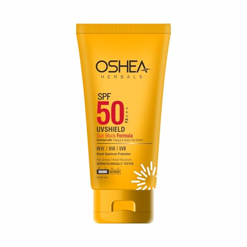 Image of Oshea Herbals UVShield SPF 50 PA+++ Sunscreen for Men & Women | Water Resistant with UVA & UVB Protection | Enriched with Papaya & Green Tea Extract | For All Skin Types - 60 g