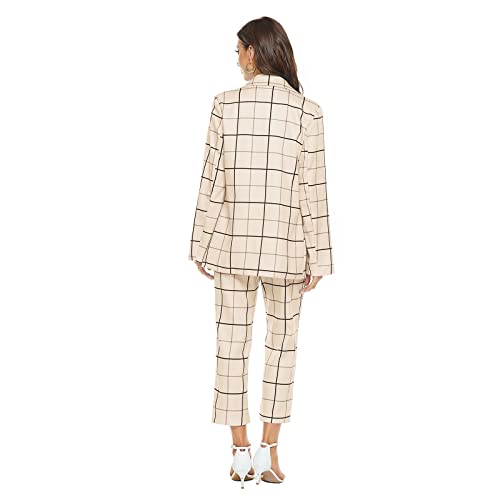 Modful Women's 2 Piece Plaid Suit Set Double-Breasted Lapel Blazer And Elastic Drawstring Pants (Apricot,Medium) #TOP4