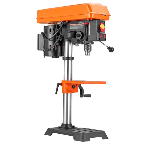 Happybuy 10 in Benchtop Drill Press, 6.2A Induction Motor, Tabletop Drilling Machine with 610-2800 RPM Adjustable Speed, 0-45° Tilting Worktable, LED Work Light for Wood, Metal