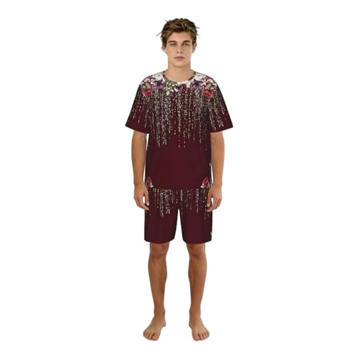 Pyjama court homme imprimé floral rouge | Ensemble d'été léger pour nuit et détente à la maison