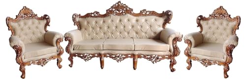 Image of Royal Carved Wooden Sofa Set | 3+1+1 Seater | Antique with Button Tufted Velvet Upholstery | Victorian Style Living Room Furniture Tufted Sofa Set Grey 3-Piece (Design 8)