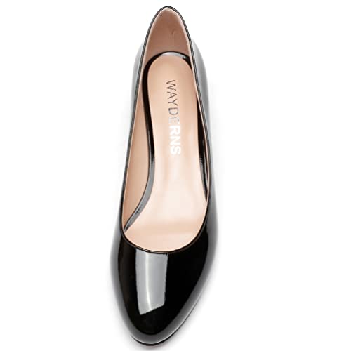 WAYDERNS Women's Black Chunky Round Toe Patent Slip On Low Kitten Heel Pumps Shoes 1.5 Inch Size 103