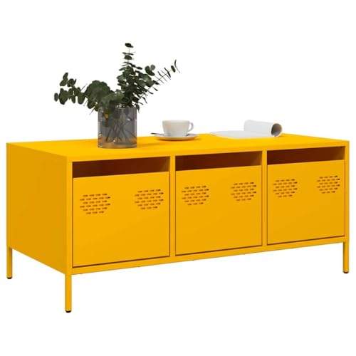 Table basse industrielle jaune moutarde en acier avec 3 tiroirs