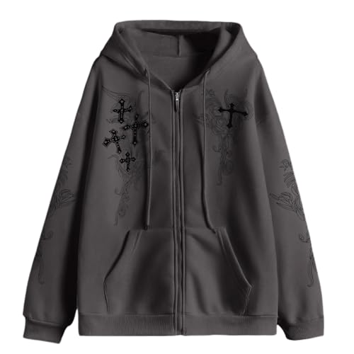 Kelxjia Zip Up Hoodies Y2k Jacket Graphic Gothic Jackets Grunge Cross Hoodie Baggy Streetwear Emo Sweater Aesthetic Clothes(Deep gray1,M)