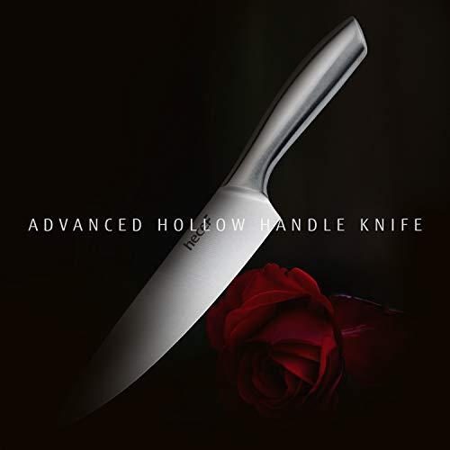 Hecef Silver Kitchen Knife Set Of 5, Satin Finish Blade With Hollow Handle, Includes 8" Chef, 8" Bread, 8" Santoku, 5" Utility And 3.5" Paring Knife #TOP1