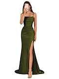 KNCERY Women's Olive Green Satin Bridesmaid Dress Long 2025 Spaghetti Strap Backless Mermaid Formal Prom Dresses with Slit Size 6