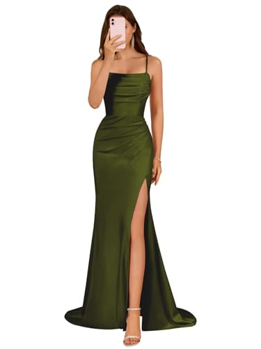 Image of Satin Bridesmaid Dress for Women 2025 Spaghetti Straps Mermaid Prom Dresses with Slit Evening Dresses KN003