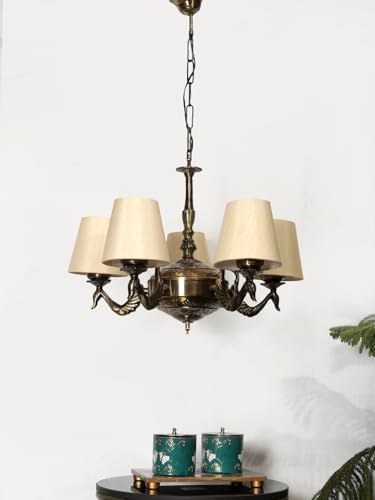 Image of Devansh 05-Light Conical Off-White Cotton Shade Chandelier - Antique Golden Finish | Adjustable Cord | Warm Glow Lamp - Ceiling Light for Living Room, Dining Area, Bedroom & Entryway Decor - D1