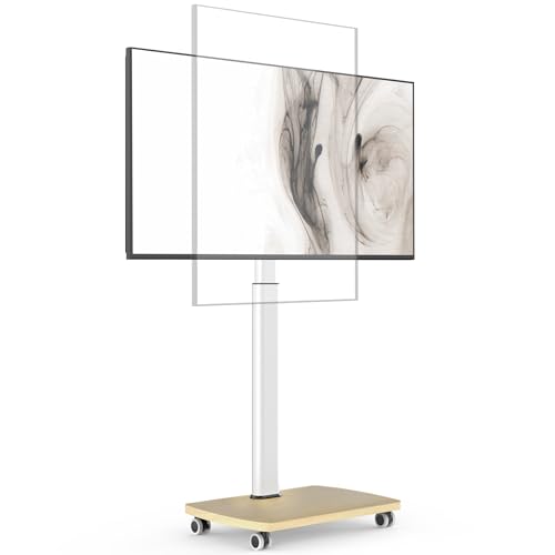 AOKCOS TV Ständer Rollbar mit Holzregal, Fernsehständer mit Rollen für 32-65 Zoll Flach & Curved Fernseher bis 35kg, TV Bodenständer 90°Rotierbar Höhenverstellbar, Max.VESA 400x400mm (Weiß+Natur)