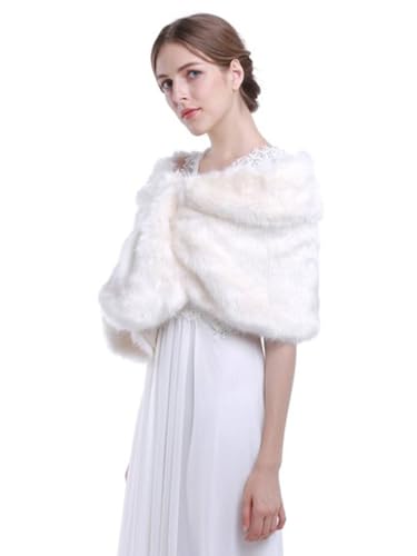 Faux White Fur Shawls and Wraps Bridal Fur Scarf With Brooch Dress Shrug Cover Up for Women(US 4-14 (S-M), White)3