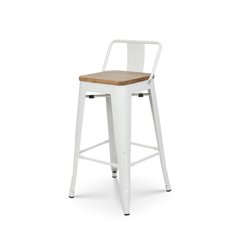 Kosmi Lot de 4 tabourets en métal Blanc Mat Style Industriel avec Dossier et Assise en Bois Clair - Hauteur 66cm