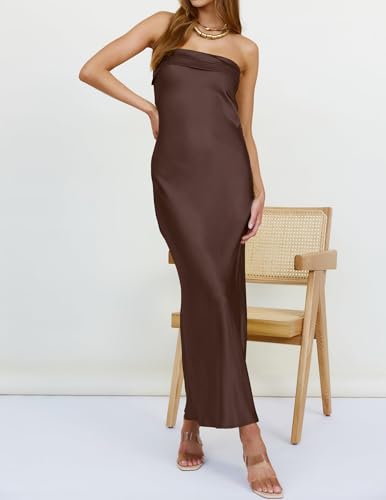 Image of MEROKEETY Women's Summer Satin Strapless Bodycon Dress 2026 Backless Tube Wedding Guest Cocktail Formal Party Maxi Dresses
