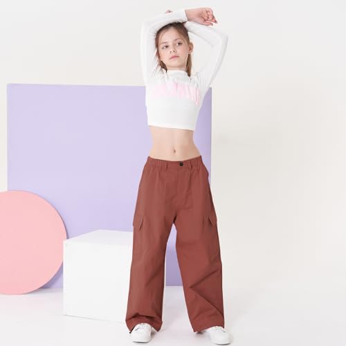 Image of Rolanko Girls Cargo Pants Wide Leg Streetwear Kids Pants with Pockets Trendy Jogger Trousers 4-14 Years