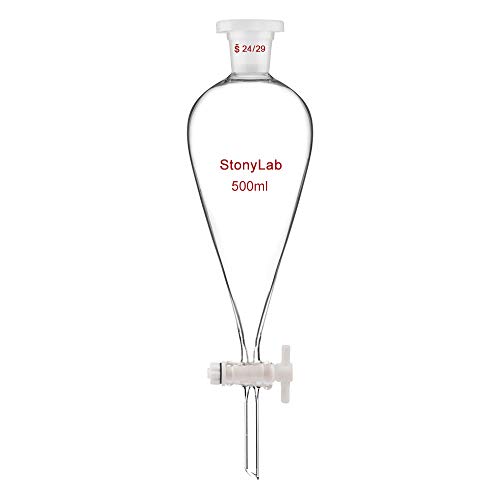 StonyLab Scheidetrichter Glas, Borosilikatglas 500ml Scheidetrichter Heavy Wall Conical Separatory Funnel Trichter mit Glas Absperrhahn 24/29 Gelenk und PTFE-Absperrhahn - 500ml Cover
