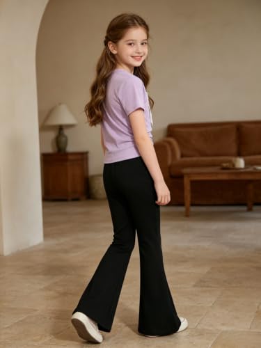 Image of Girls Clothes 2 Piece Short Sleeve Lace Bow Print Tops Flared Pants Set Little Girl Outfits Size 7-14